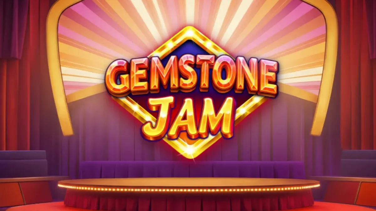 Tampilan visual slot Gemstone Jam dengan simbol permata dan nuansa panggung TV mewah.