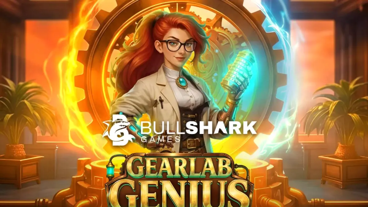Tampilan visual slot Gearlab Genius dengan tema steampunk dan roda gigi mekanis.